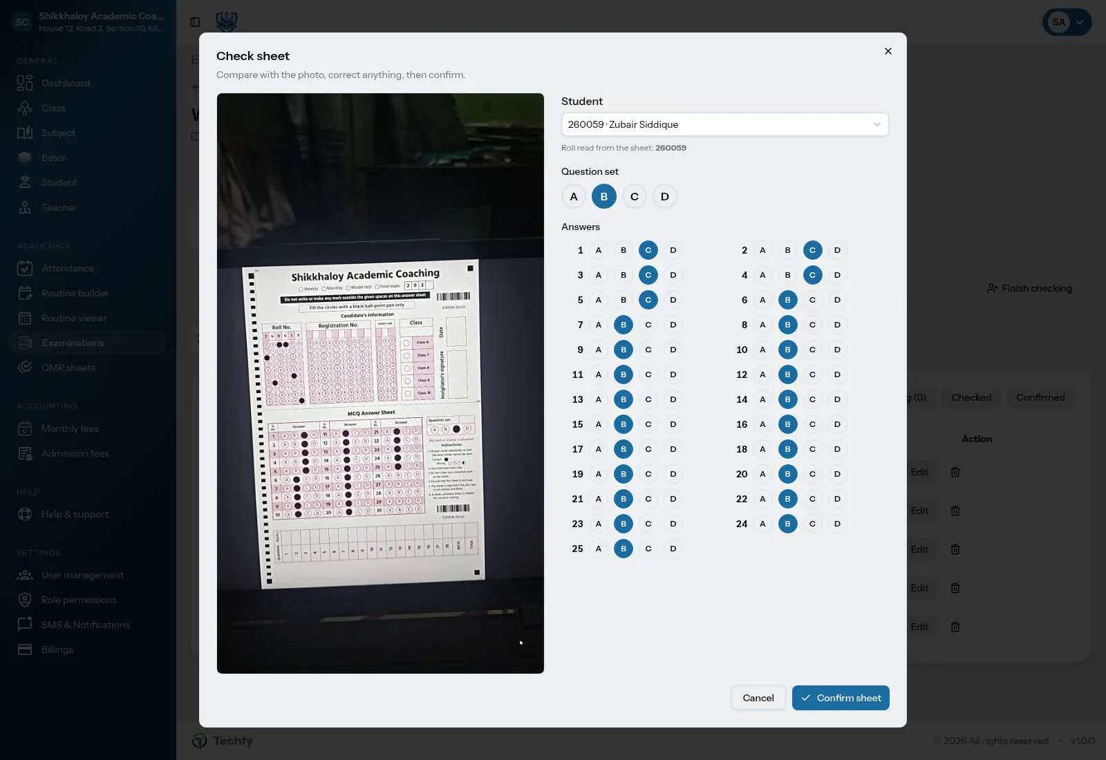 Checking a scanned OMR sheet: the phone photo next to the roll, set and answers that were read