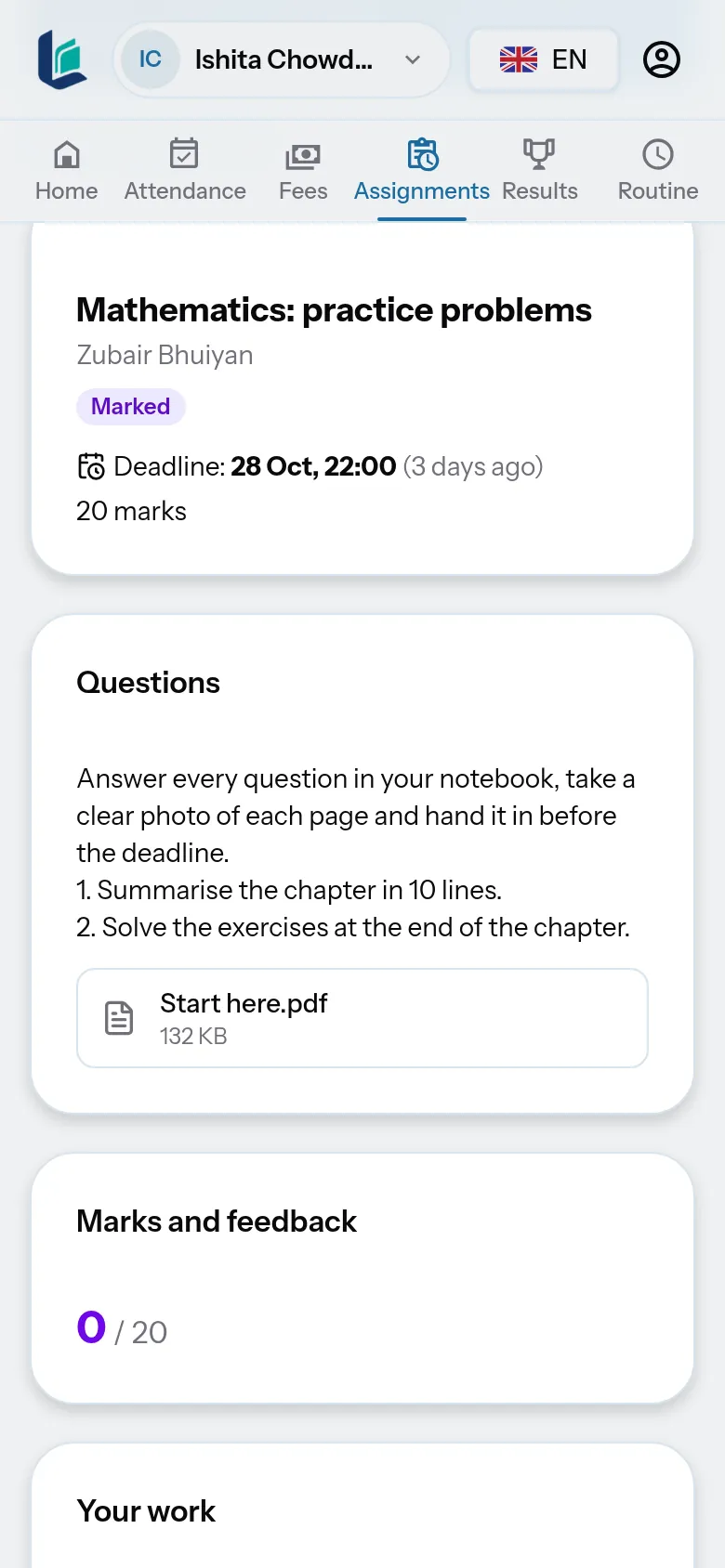 A student's phone: the assignment with its deadline, the questions and a button to add answer photos